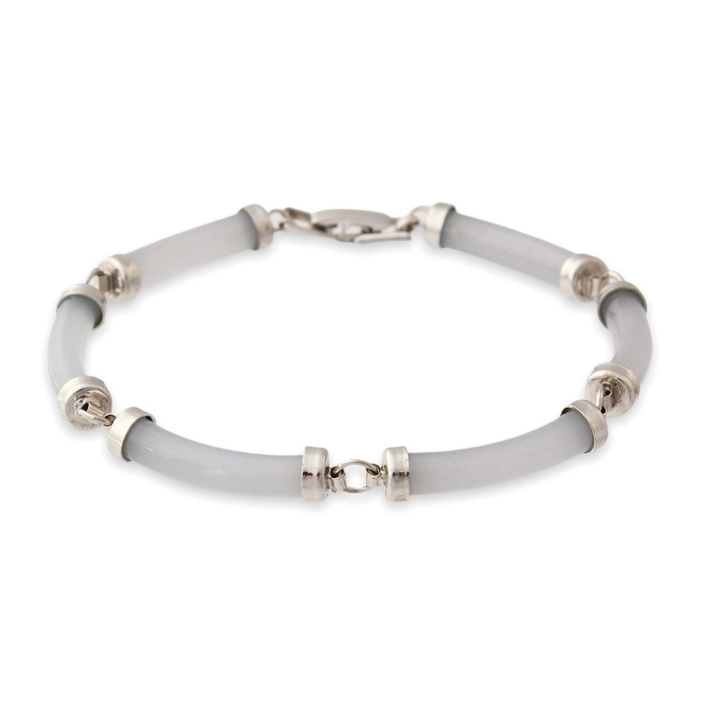 Vintage Grey Jade Tube Link Bracelet Silver Plated Chinese Long Di Jade Gallery